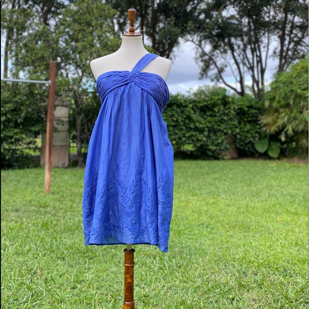 BCBGMAXAZRIA Silk Dress Size L Blue One Shoulder